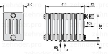 Схема (чертеж) Радиатор Zehnder Charleston 6026/9 №V008 Белый глянцевый RAL 9016